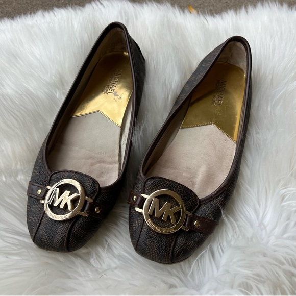 Michael Kors Brown Leather and Gold Fixture Flats Shoes - Picture 1 of 5